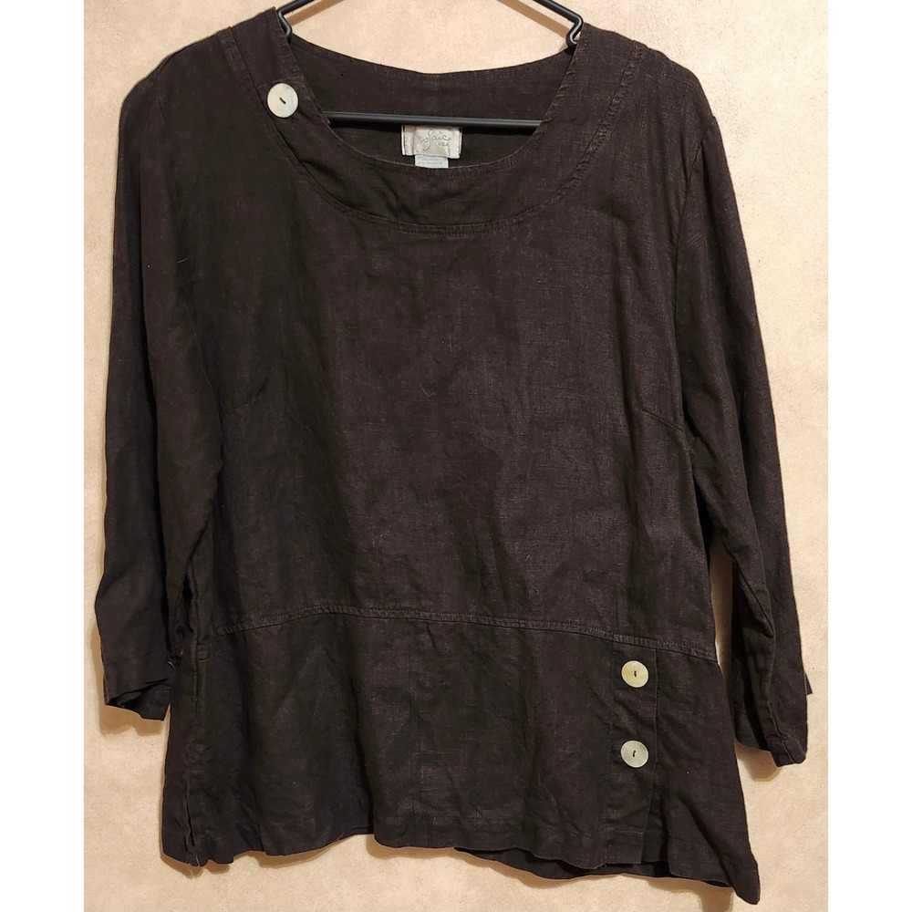 Mosaic USA Brown 100% Linen Tunic Top 3/4 Sleeve Mother of Pearl Buttons Size M